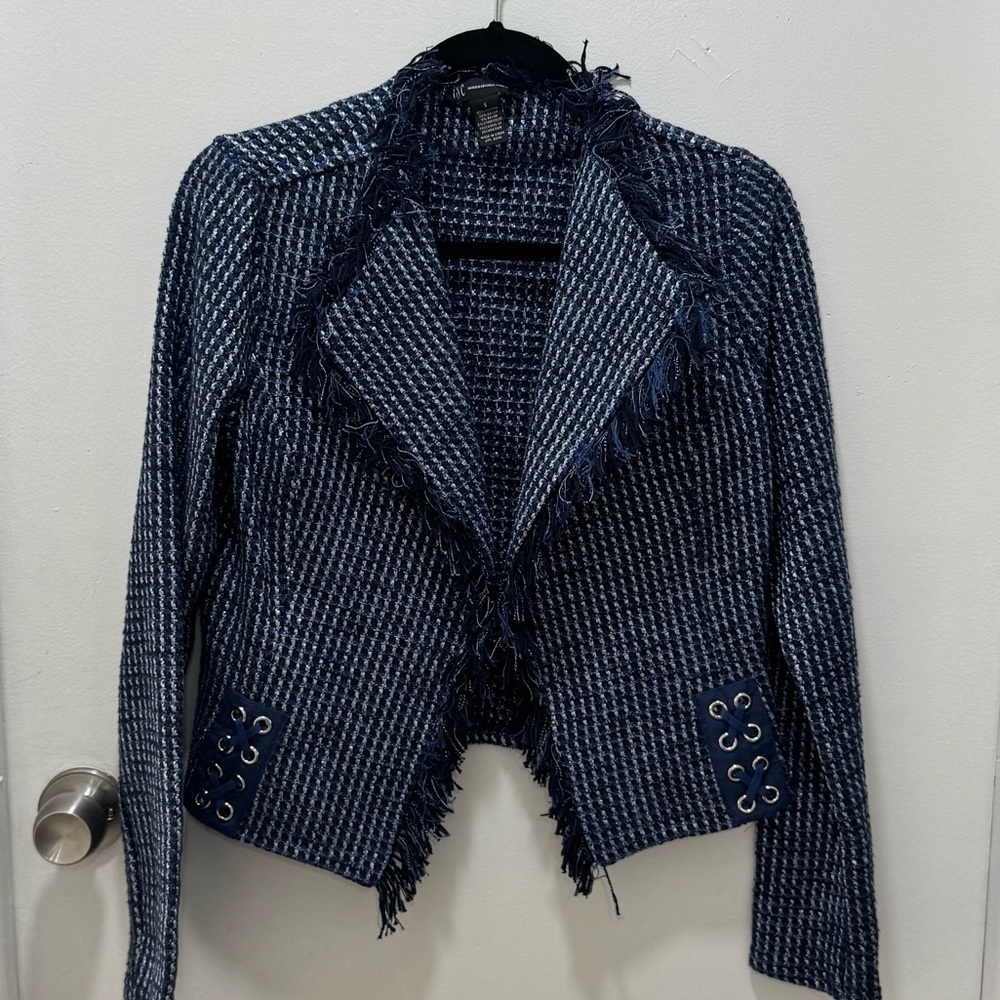 INC International Concepts Navy Tweed Fringe Blazer Small Lace-Up Sleeve Jacket